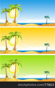 Illustration of a set of cartoon summer tropical beach ocean background with palm trees, coconuts, and cloudscape upon blue, orange or green sky. Summer Tropical Beach Set