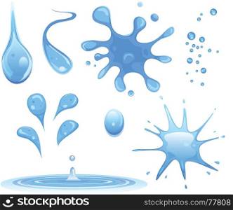Illustration of a set of cartoon water splashes, drops, flow, tides and drink wet shapes and liquid patterns. Water Drops And Splashes Set