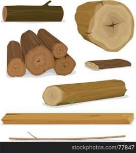 Illustration of a set of cartoon wood material logs, planks, shelves, twigs and trunks. Wood Logs, Trunks And Planks Set