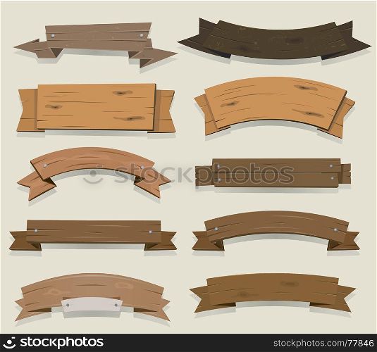 Illustration of a set of cartoon wooden award ribbon and texas ranch banners, for agriculture and farm seal and certificates. Cartoon Wood Banners And Ribbons