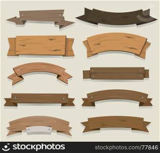 Illustration of a set of cartoon wooden award ribbon and texas ranch banners, for agriculture and farm seal and certificates. Cartoon Wood Banners And Ribbons