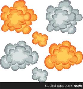 Illustration of a set of comic book explosion, blast and cartoon fire bomb, bang and exploding symbols. Comic Book Explosion, Clouds And Smoke Set
