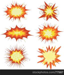Illustration of a set of comic book explosion, blast and other cartoon fire bomb, bang and exploding symbols. Comic Book Explosion, Bombs And Blast Set