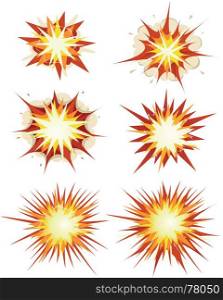 Illustration of a set of comic book explosion, blast and other cartoon fire bomb, star bursting, bang and exploding symbols. Comic Book Explosion, Bombs And Blast Set