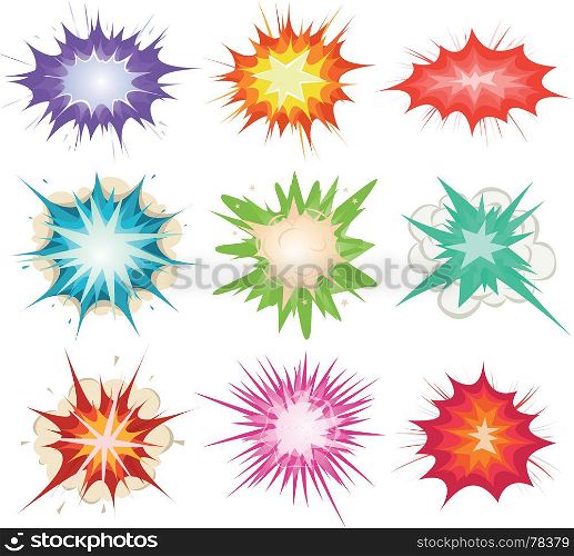 Illustration of a set of comic book explosion, blast and other cartoon fire bomb, bang and exploding symbols, in various colors. Comic Book Explosion, Bombs And Blast Set