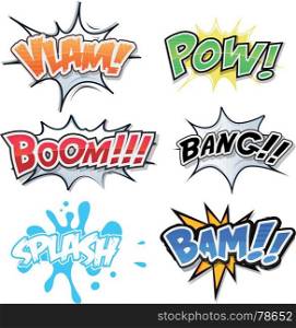 Illustration of a set of comic text, bombs explosion and crash, pop art fx fonts, for cartoon magazines and ads. Comic Text, Bomb Explosions And Pop Art Style
