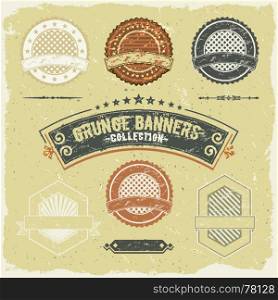 Illustration of a set of design grunge vintage banners, labels, seal stamper and ornaments patterns. Vintage Grunge Banner And Labels Collection