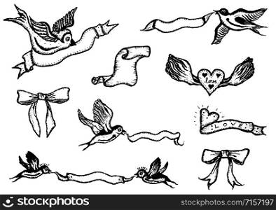 Illustration of a set of doodle birds holding banners and ribbons for spring, birthdays and holidays. Spring Birds And Holidays Banner