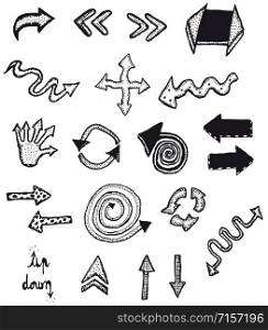 Illustration of a set of doodle hand drawn arrows and icons with black pencil. Doodle Arrows Set
