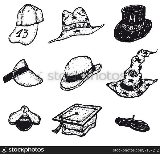 Illustration of a set of doodle hand drawn caps, hats and head wear retail equipment set. Sketched Caps And Hats Set