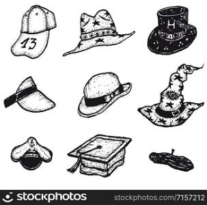 Illustration of a set of doodle hand drawn caps, hats and head wear retail equipment set. Sketched Caps And Hats Set