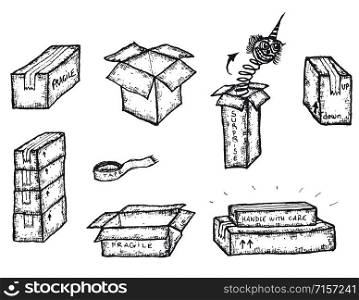 Illustration of a set of doodle hand drawn cardboard boxes. Cardboard boxes Set