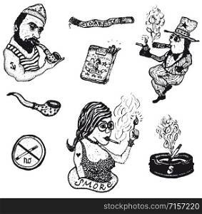Illustration of a set of doodle hand drawn cigarette, tobacco drugs and smoking elements. Smoke Tobacco Drugs And Cigarettes Set