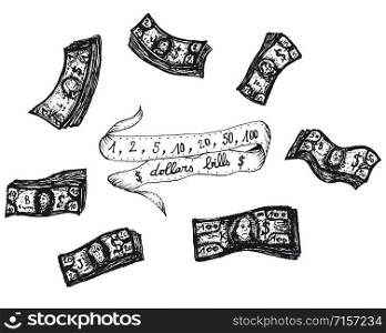 Illustration of a set of doodle hand drawn dollars bills. Dollars bills Set