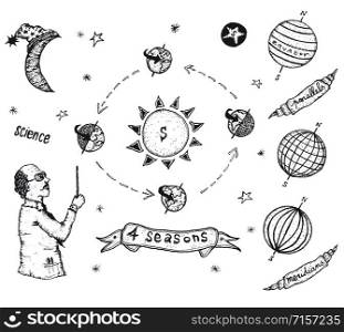 Illustration of a set of doodle hand drawn earth science icons, with planets, moon and seasons symbols. Earth Science And Solar System Set