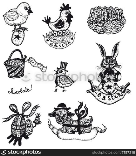 Illustration of a set of doodle hand drawn easter holidays elements, with farm chicken birds, eggs, rabbits and bells. Easter Birds, Bunnies And Eggs Set