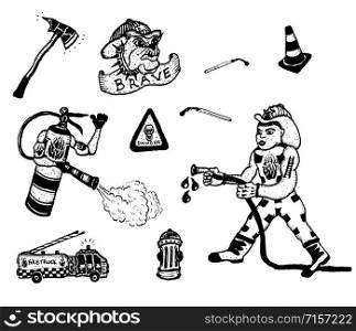 Illustration of a set of doodle hand drawn firefighting icons, with fireman character, fire extinguisher, emergency and warning symbols, tools and firefighting elements. Firefighting Icons Set