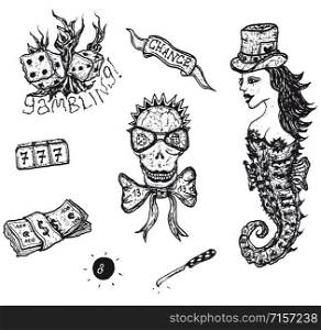 Illustration of a set of doodle hand drawn gambling elements and money earning icons. Gambling Set