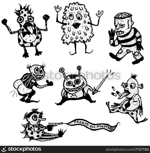 Illustration of a set of doodle hand drawn halloween holidays and horror freaks monsters and creatures. Freaks And Monsters Set