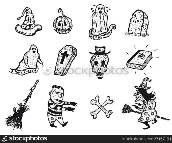 Illustration of a set of doodle hand drawn halloween holidays pictures icons including jack o&rsquo;lantern pumpkin, witch, skull and cross bones, grave, ghost, tombstones and other spooky elements. Halloween Icons Set