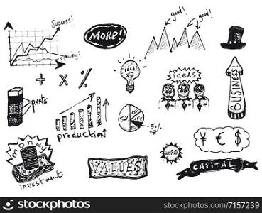Illustration of a set of doodle hand drawn infographics icons for business, success, statistics and graph elements. Infographics Papers And Business Icons Set