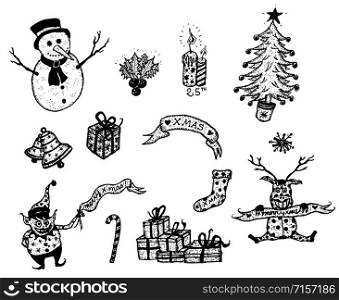 Illustration of a set of doodle hand drawn merry christmas holidays symbols, with snowman, mistletoe, candle, gifts and happy reindeer. Merry Christmas Holidays Set