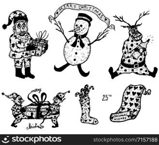 Illustration of a set of doodle hand drawn merry christmas holidays symbols, with snowman, santa claus character, gifts and happy reindeer holding bottle. Merry Christmas Holidays Set