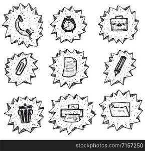 Illustration of a set of doodle hand drawn office icons elements, with trash, file,email, print, alarm and phone. Doodle Office Icons Set