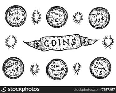 Illustration of a set of doodle hand drawn sketched Usa money coins earnings cash, ranging from penny, nickel, dime, quarter to dollar. Doodle Set Of US Coins