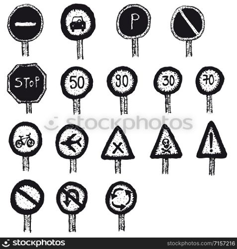 Illustration of a set of doodle hand drawn vintage french road signs with transportation and traffic symbols. Road Signs And Icons Set