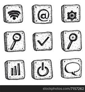 Illustration of a set of doodle hand drawn web, connexion and business icons elements, including email, internet, magnifying glass and options. Cartoon Sketched Web Icons Set