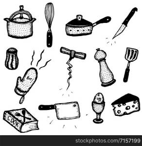 Illustration of a set of doodle hand sketched with pencil cooking icons, kitchenware, food and equipment. Doodle Cook Icons Set