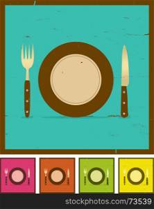 Illustration of a set of four fork, knife and plate background for food and restaurant banner. Grunge Restaurant Banner Set