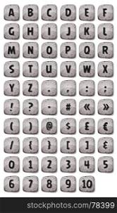 Illustration of a set of funny ABC alphabet letters and numbers with font characters on stony rock signs, for game ui on tablet pc, also containing orthographic symbols and punctuation marks. Alphabet Font Set On Rock Signs For Ui Game