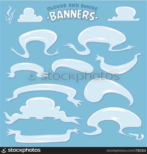 Illustration of a set of funny cartoon clouds and smoke banners, also as speech bubbles for message and announcement on sky background. Cartoon Clouds And Smoke Banners