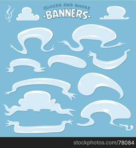 Illustration of a set of funny cartoon clouds and smoke banners, also as speech bubbles for message and announcement on sky background. Cartoon Clouds And Smoke Banners