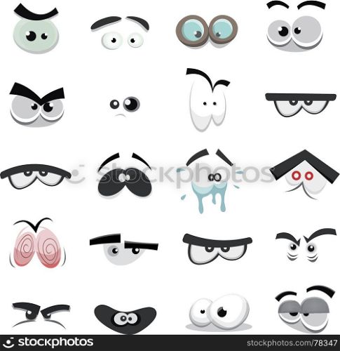 Illustration of a set of funny cartoon human, animals, pets or creature's eyes with various expressions and emotions, from fear to joy, happiness, sadness, surprise, boring and angry. Comic Eyes Set
