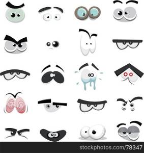 Illustration of a set of funny cartoon human, animals, pets or creature's eyes with various expressions and emotions, from fear to joy, happiness, sadness, surprise, boring and angry. Comic Eyes Set