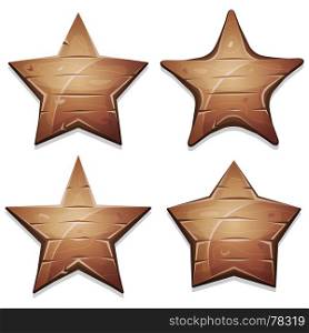 Illustration of a set of funny cartoon wooden stars icons and signs, for game ui on tablet pc app or web interface buttons. Wood Stars Icons For Ui Game