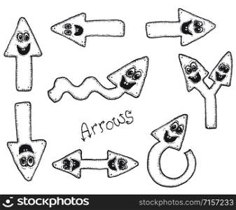 Illustration of a set of funny doodle hand drawn arrows characters set, for ui game and user interface software. Funny Doodle Arrows Characters Set