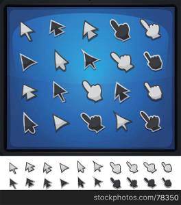 Illustration of a set of funny simple cartoon design computer icons, cursor, hands with index and arrows signs for funny ui game environment, on blue screen background and isolated on white. Comic Computer Cursors, Pointers And Arrows Icons