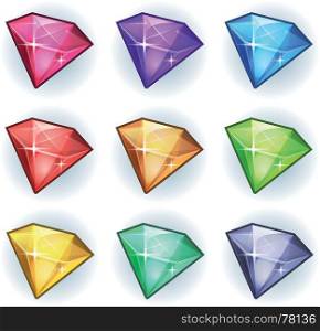 Illustration of a set of glossy and bright cartoon gems stones, diamonds, minerals and jewels icons, for game user interface. Cartoon Gems And Diamonds Icons Set