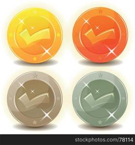 Illustration of a set of glossy and bright cartoon okay sign and validation symbols on currency coins, in gold and silver metal. Credit Coins Set For Game Interface