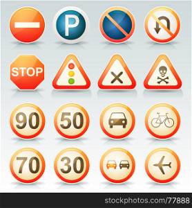 Illustration of a set of glossy and vintage french road signs with transportation and traffic symbols set. Road Signs Glossy Icons Set