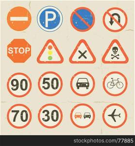Illustration of a set of grunge retro vintage road signs and traffic symbols set. Road Signs Grunge Retro Set