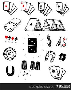 Illustration of a set of hand drawn doodled gambling cards and luck games casino poker elements. Hand Drawn Gambling Cards And Luck Set