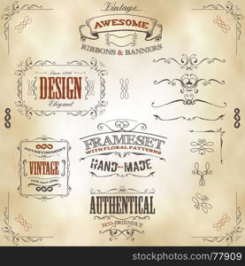 Illustration of a set of hand drawn frames, sketched banners, floral patterns, ribbons, and graphic design elements on vintage leather or old paper background. Hand Drawn Vintage Banners And Ribbons