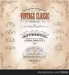 Illustration of a set of hand drawn frames, sketched banners, floral patterns, ribbons, and graphic design elements on vintage old paper background. Hand Drawn Vintage Banners And Ribbons