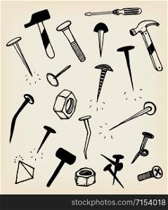 Illustration of a set of hand drawn nails, bolts, screw, hammer and other tools hardware icons, isolated on vintage background frame. Doodle Nails, Bolts, Hammers And Tool Icons