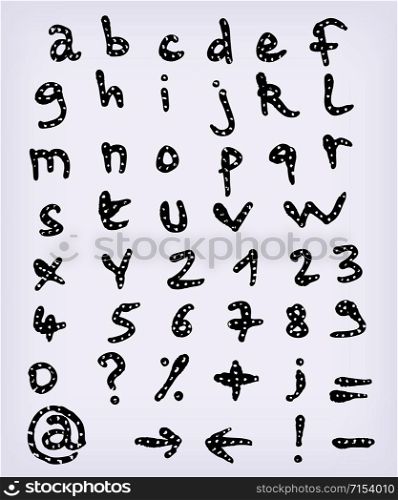 Illustration of a set of hand drawn sketched and doodled ABC alphabet letters and numbers with font characters also containing other orthographic symbols. Doodle Complete Hand Drawn Alphabet Set